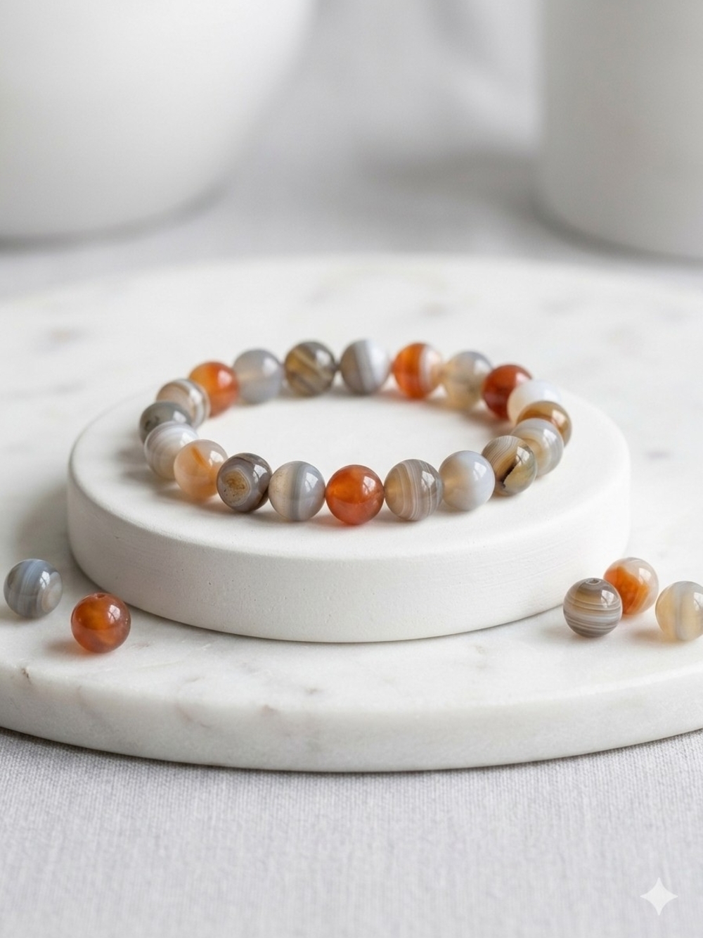 Beaded Agate Stretch Bracelet in Orange and Gray